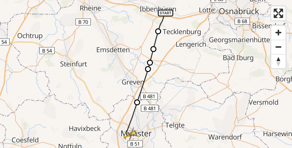 Flugroute Ambulanzhubschrauber Ibbenbüren - Münster, 04 Mai 2026, 21:21