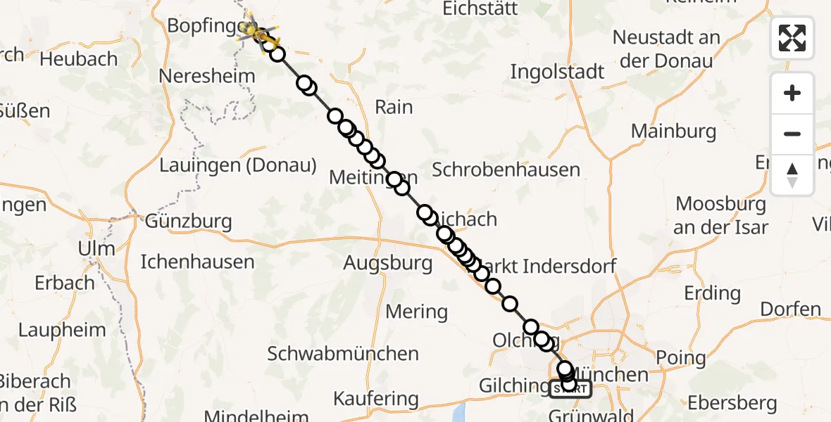Flugroute Rettungshubschrauber DRF Air Rescue München Hubschrauberlandeplatz - Nördlingen, 04 Mai 2026, 21:22
