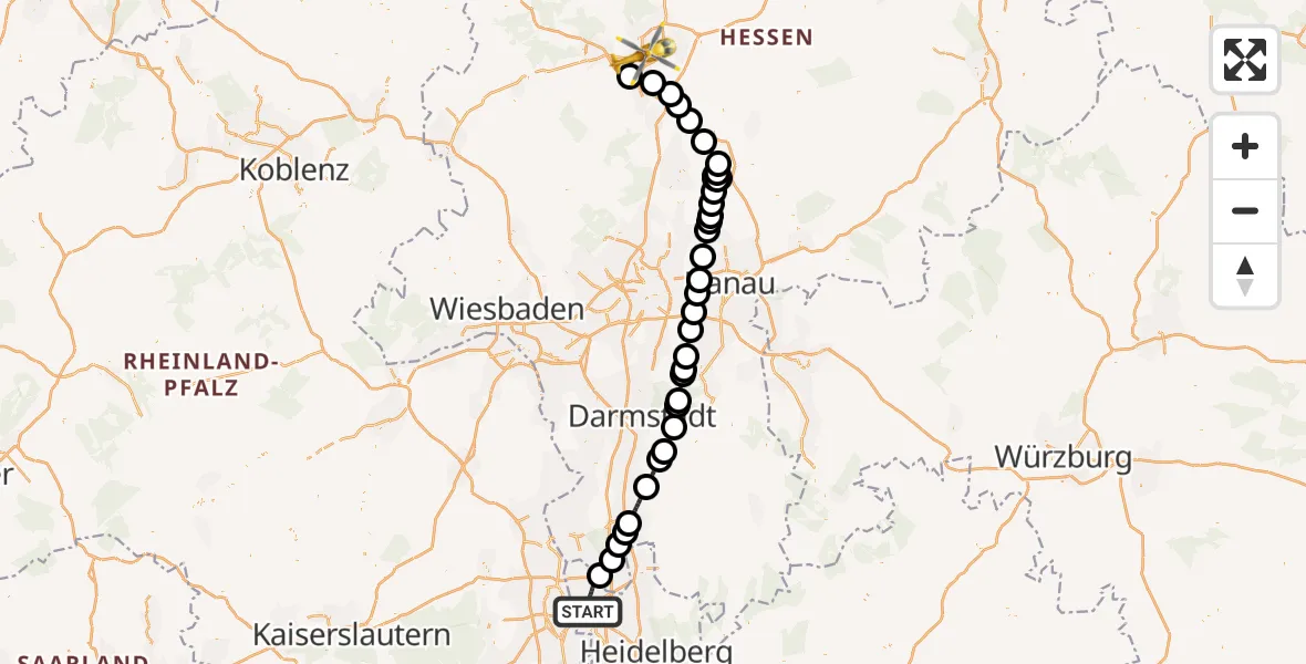 Flugroute Rettungshubschrauber Mannheim - Gießen, 04 Mai 2026, 21:34