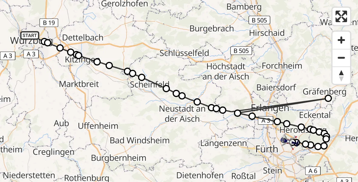 Flugroute Polizeihubschrauber Würzburg - Flughafen Nuremberg, 04 Mai 2026, 21:37