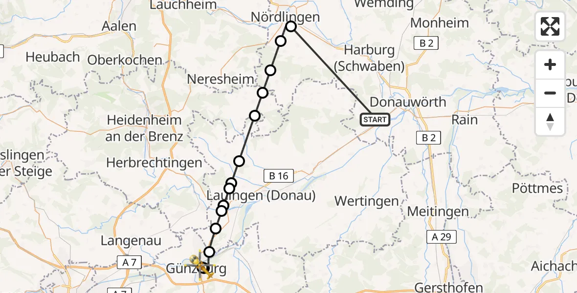 Flugroute Rettungshubschrauber Tapfheim - Günzburg Hospital, 04 Mai 2026, 22:46