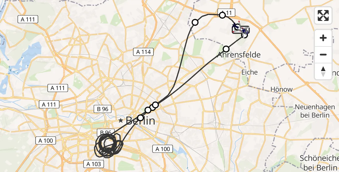 Flugroute Polizeihubschrauber Ahrensfelde Hubschrauberlandeplatz - Ahrensfelde Hubschrauberlandeplatz, 04 Mai 2026, 23:32