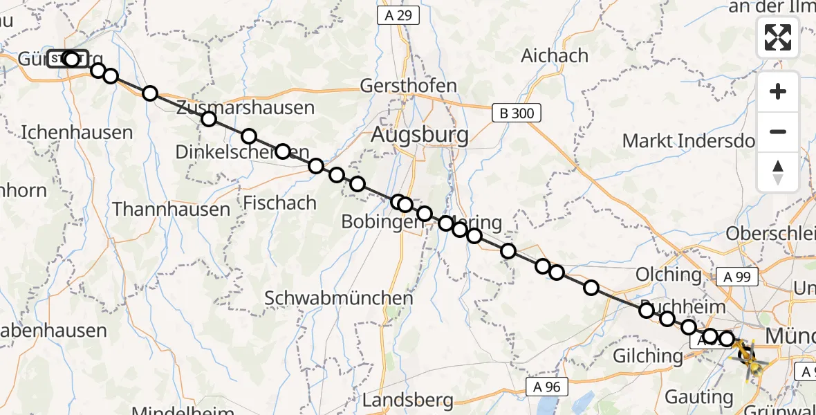 Flugroute Rettungshubschrauber Günzburg Hospital - DRF Air Rescue München Hubschrauberlandeplatz, 04 Mai 2026, 23:37