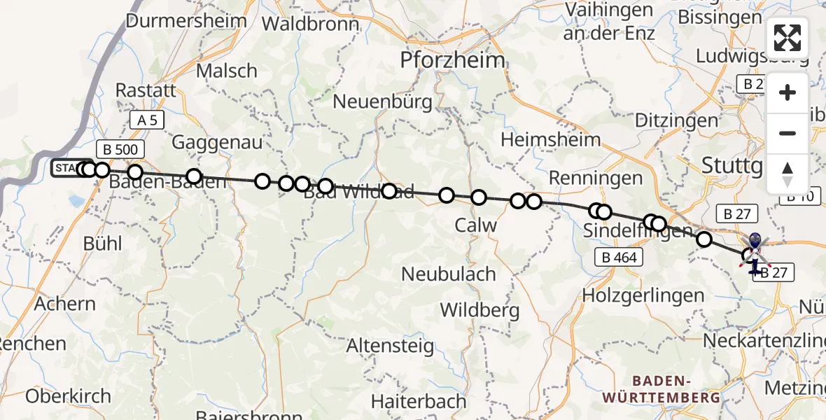 Flugroute Polizeihubschrauber Karlsruhe Baden-Baden Flughafen - Flughafen Stuttgart, 05 Mai 2026, 04:25