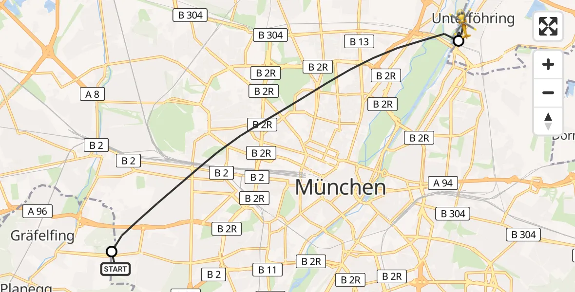 Flugroute Rettungshubschrauber DRF Air Rescue München Hubschrauberlandeplatz - Unterföhring, 05 Mai 2026, 04:43