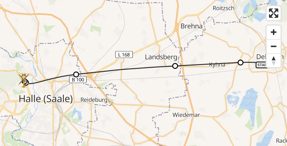 Flugroute Rettungshubschrauber Delitzsch - Halle (Saale) University Hospital, 05 Mai 2026, 04:52