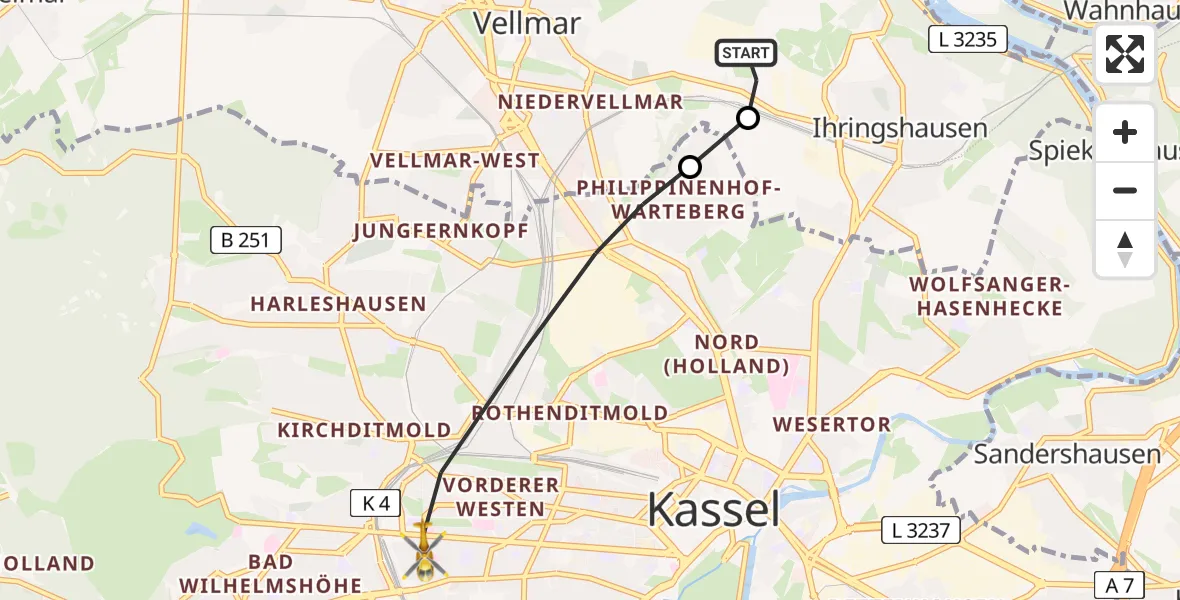 Flugroute Rettungshubschrauber Fuldatal Bundespolizei Hubschrauberlandeplatz - Kassel, 05 Mai 2026, 05:00