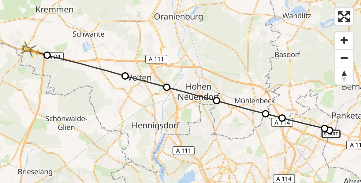 Flugroute Rettungshubschrauber Helios Clinic Berlin-Buch - Kremmen, 05 Mai 2026, 05:20