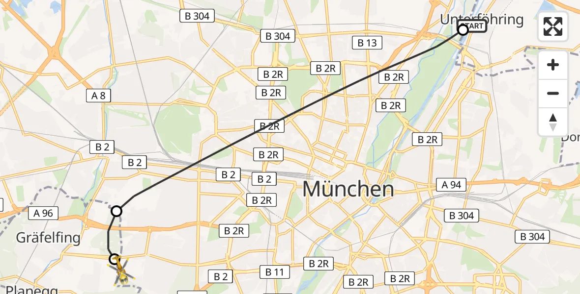 Flugroute Rettungshubschrauber Unterföhring - DRF Air Rescue München Hubschrauberlandeplatz, 05 Mai 2026, 05:20