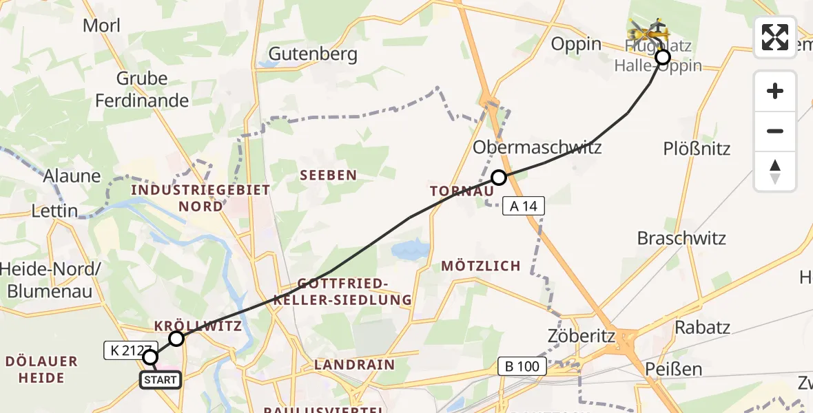 Flugroute Rettungshubschrauber Halle (Saale) University Hospital - Halle-Oppin Flugplatz, 05 Mai 2026, 05:24