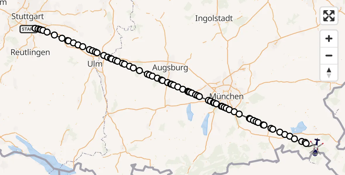 Flugroute Polizeihubschrauber Flughafen Stuttgart - Ruhpolding, 05 Mai 2026, 05:29