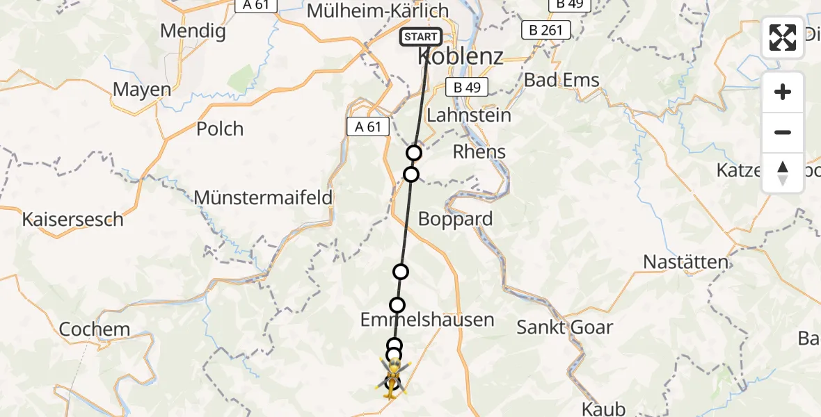 Flugroute Rettungshubschrauber Koblenz - Beltheim, 05 Mai 2026, 05:32