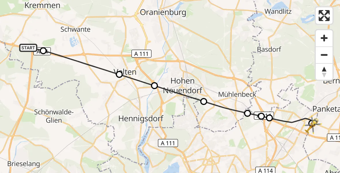 Flugroute Rettungshubschrauber Kremmen - Helios Clinic Berlin-Buch, 05 Mai 2026, 05:44
