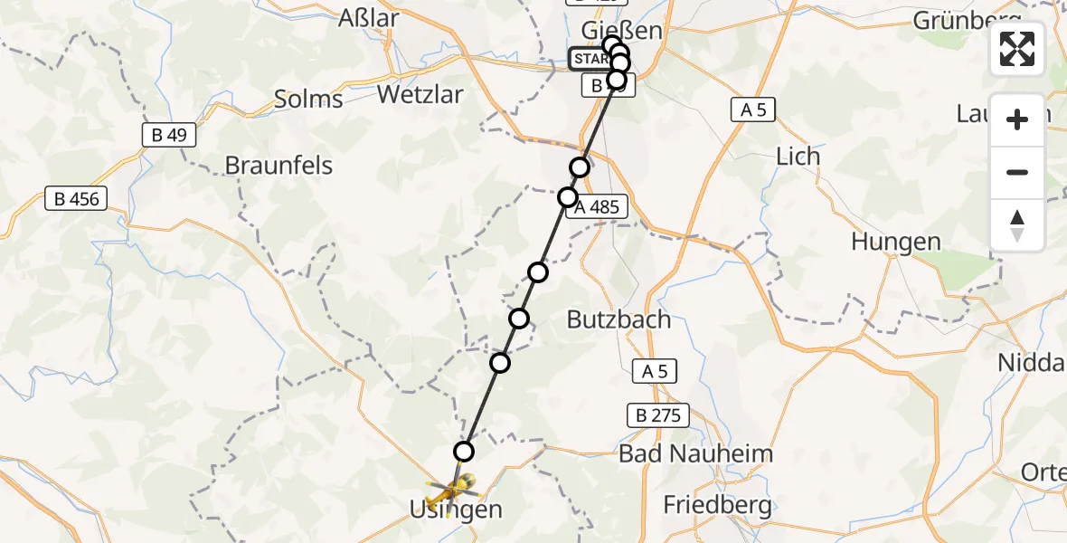Flugroute Rettungshubschrauber Gießen - Usingen, 05 Mai 2026, 05:58
