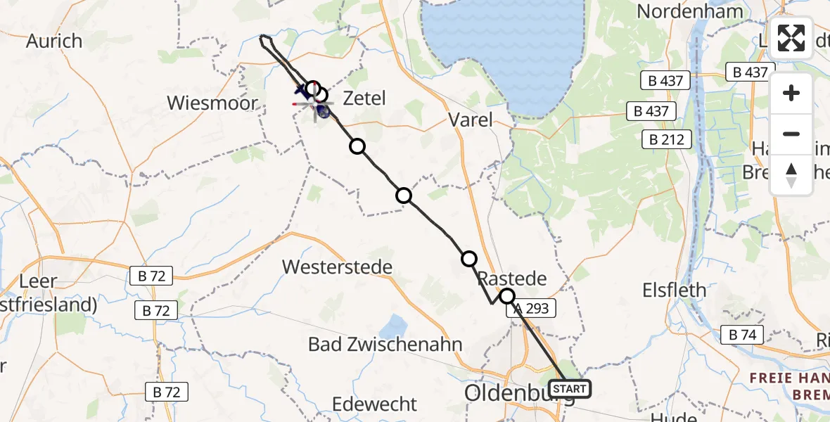 Flugroute Polizeihubschrauber Oldenburg (Oldb) - Friedeburg, 05 Mai 2026, 05:58