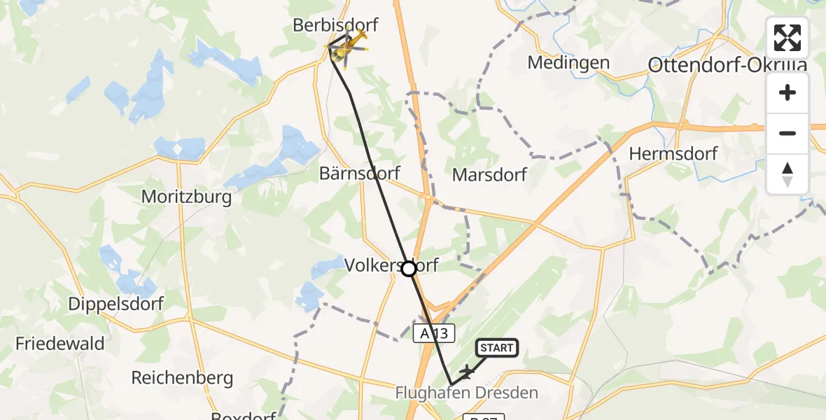 Flugroute Rettungshubschrauber Dresden Flughafen - Radeburg, 05 Mai 2026, 05:59