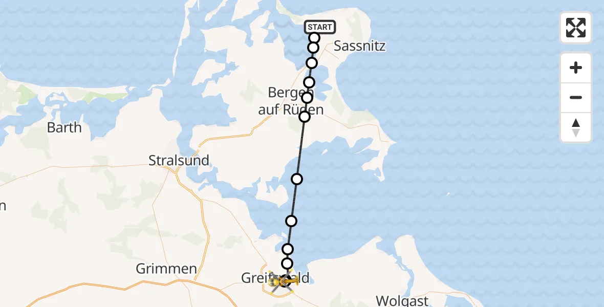 Flugroute Rettungshubschrauber Glowe - Greifswald Hospital, 05 Mai 2026, 06:00