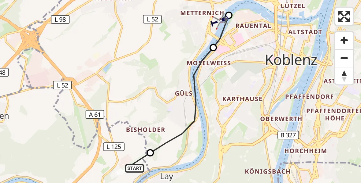 Flugroute Polizeihubschrauber Koblenz-Winningen Flugplatz - Koblenz, 05 Mai 2026, 06:23
