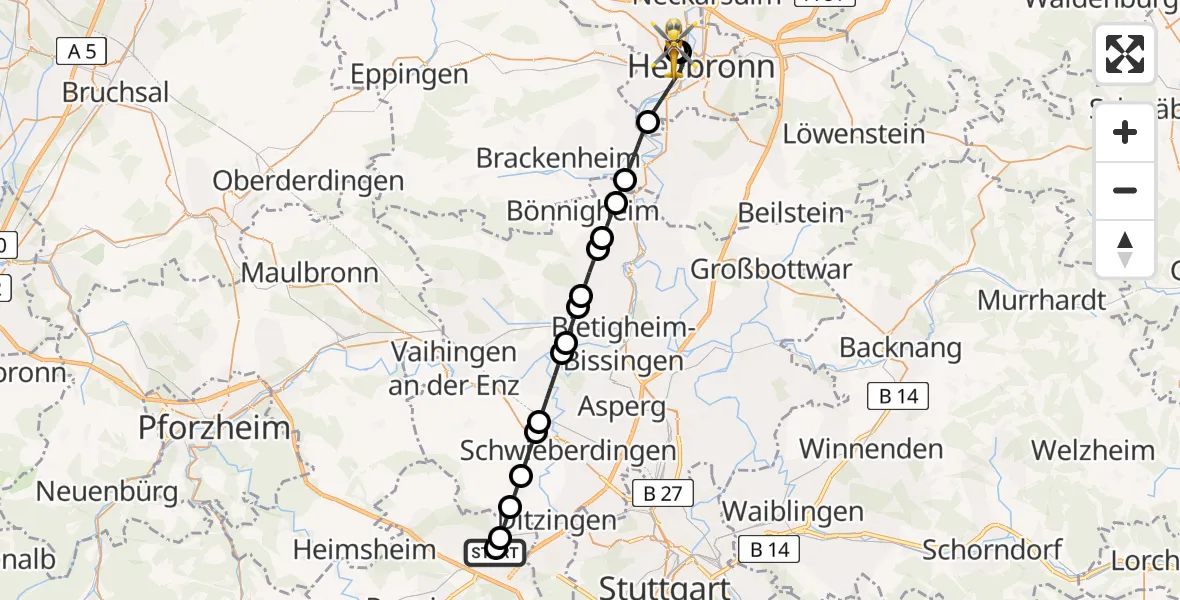 Flugroute Rettungshubschrauber Leonberg Hospital - Heilbronn Hospital, 05 Mai 2026, 06:29