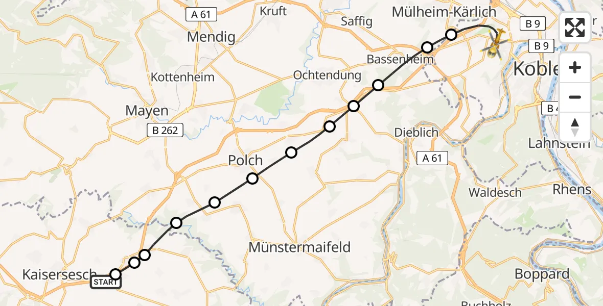 Flugroute Rettungshubschrauber Hambuch - Koblenz, 05 Mai 2026, 06:40