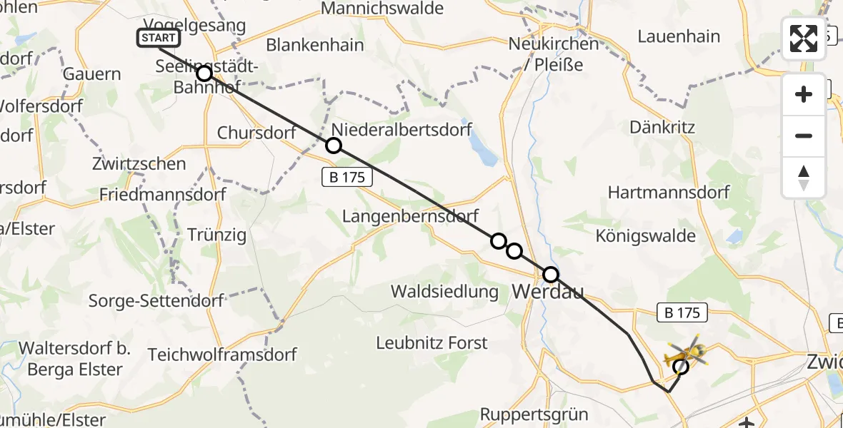 Flugroute Rettungshubschrauber Braunichswalde - ADAC Air Rescue Station Zwickau Hubschrauberlandeplatz, 05 Mai 2026, 06:41