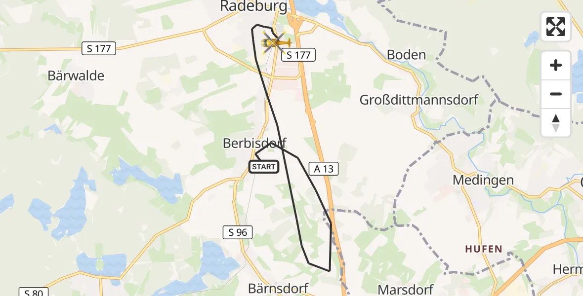 Flugroute Rettungshubschrauber Radeburg - Radeburg, 05 Mai 2026, 06:52