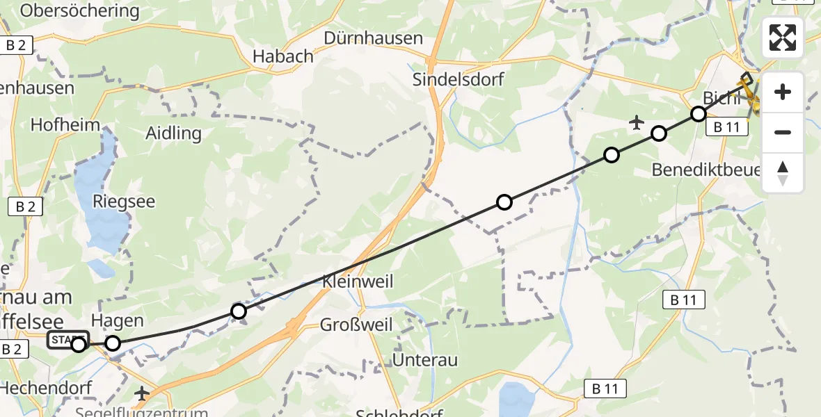 Flugroute Rettungshubschrauber Murnau Accident Hospital - Bichl, 05 Mai 2026, 06:54