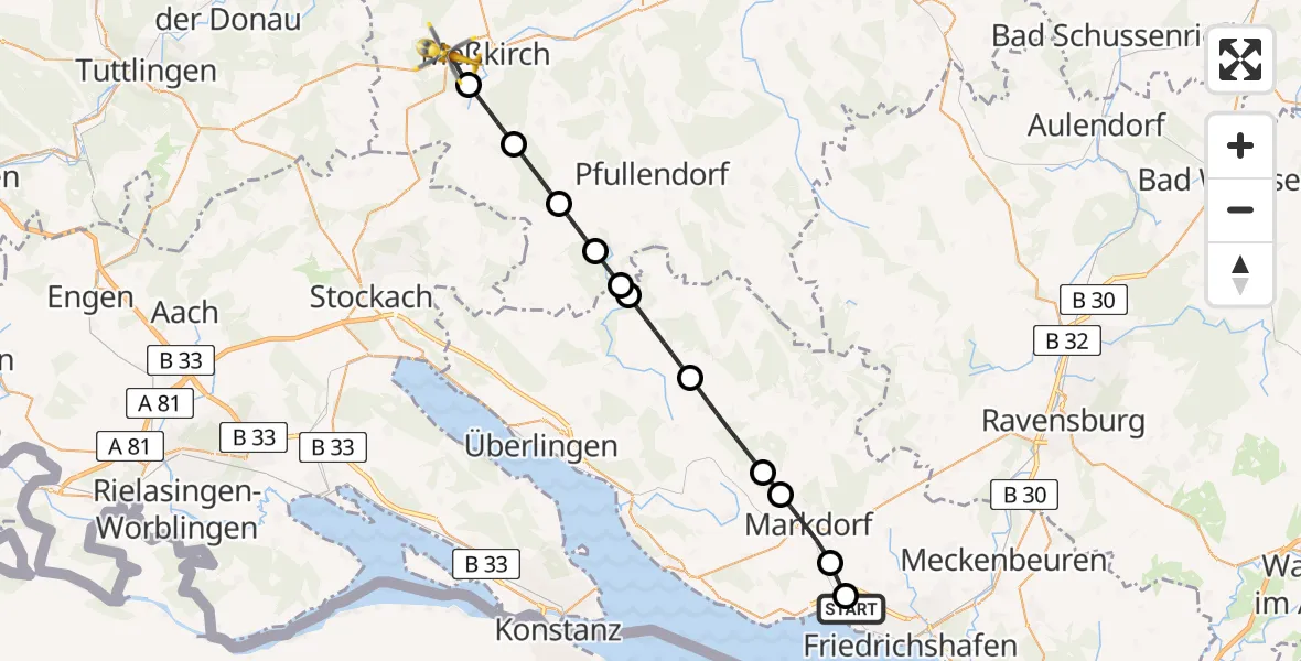Flugroute Rettungshubschrauber Friedrichshafen Hospital - Meßkirch, 05 Mai 2026, 06:56