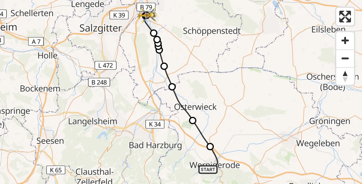 Flugroute Rettungshubschrauber Wernigerode - Wolfenbüttel Municipal Hospital Heliport (Christoph 30), 05 Mai 2026, 06:58