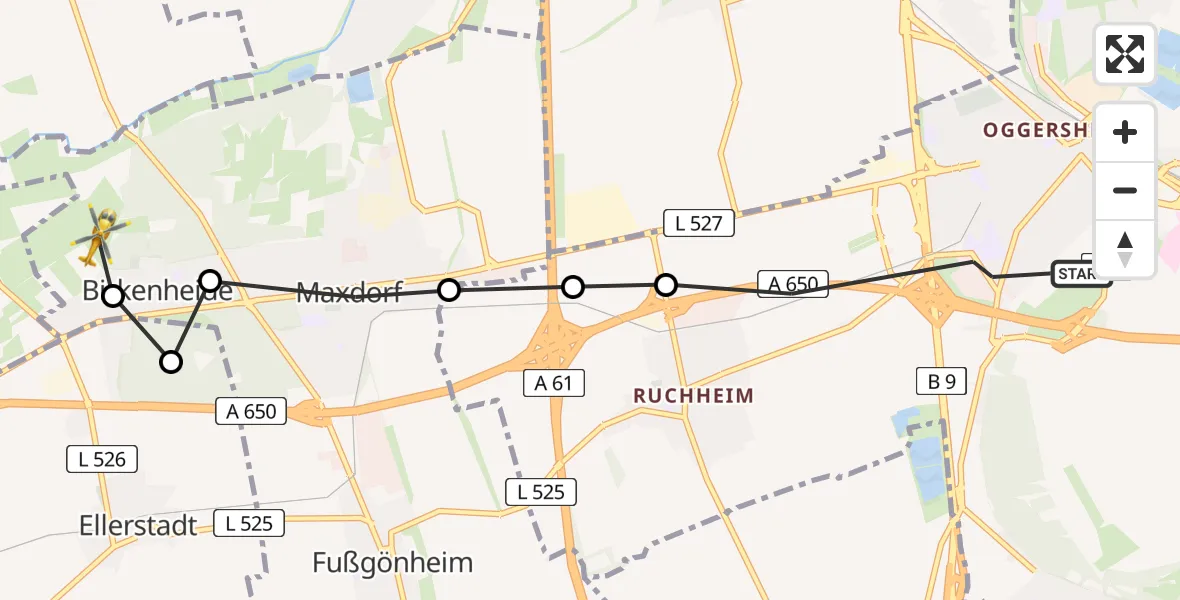 Flugroute Rettungshubschrauber Ludwigshafen am Rhein - Birkenheide, 05 Mai 2026, 06:58
