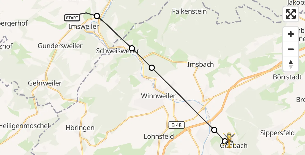Flugroute Rettungshubschrauber Imsweiler UL - Gonbach, 05 Mai 2026, 07:05