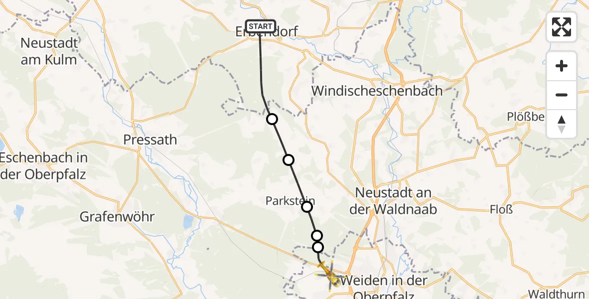 Flugroute Rettungshubschrauber Erbendorf - Weiden i.d.OPf., 05 Mai 2026, 07:08