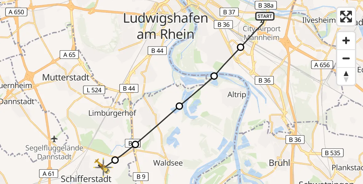 Flugroute Rettungshubschrauber Mannheim-City Flughafen - Schifferstadt, 05 Mai 2026, 07:13