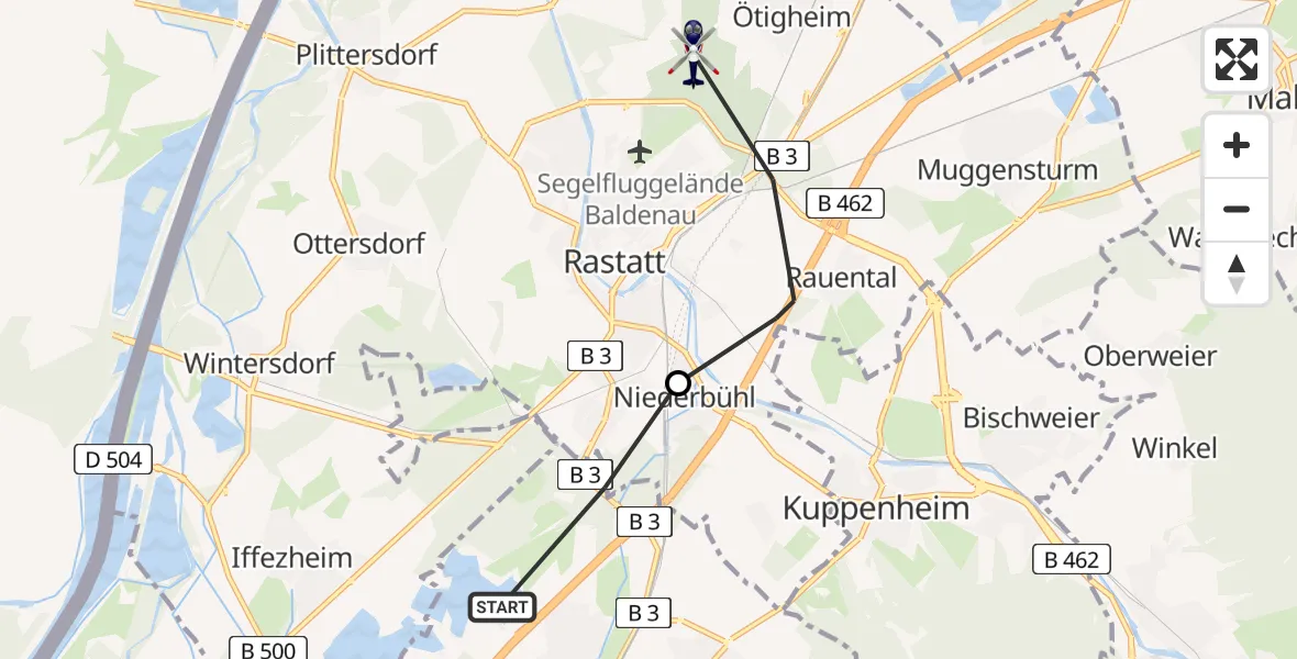 Flugroute Polizeihubschrauber Baden-Baden - Rastatt, 05 Mai 2026, 07:26
