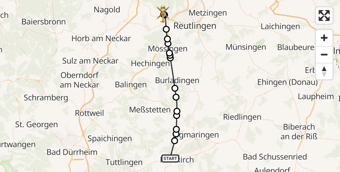 Flugroute Rettungshubschrauber Meßkirch - Tübingen Trauma Hospital, 05 Mai 2026, 07:26