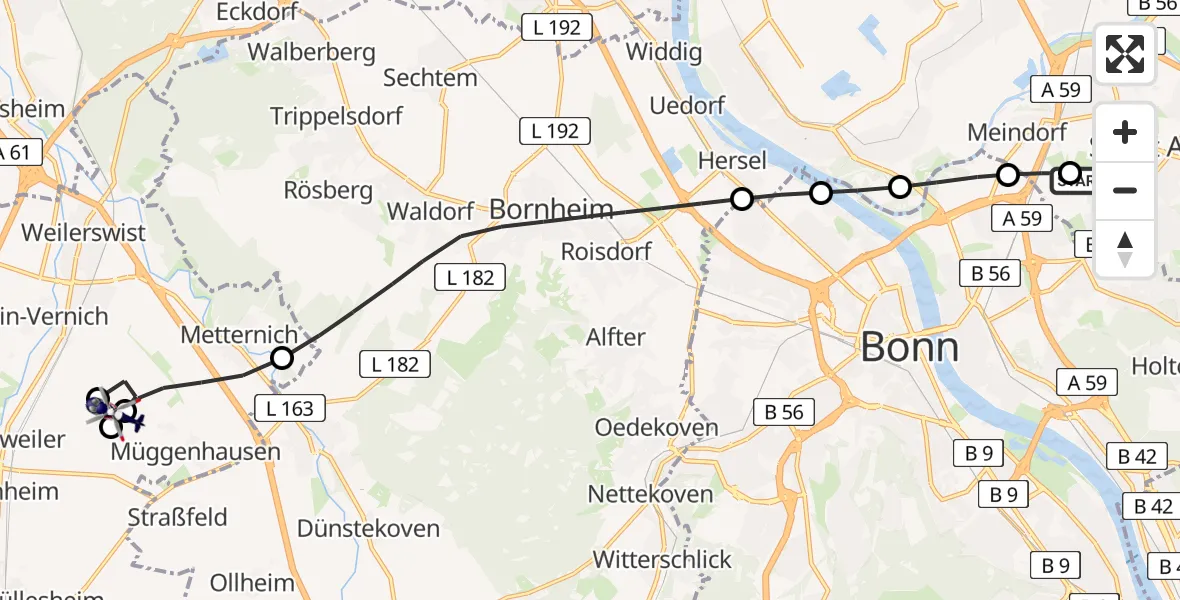 Flugroute Polizeihubschrauber Bonn-Hangelar Flugplatz - Weilerswist UL, 05 Mai 2026, 07:27