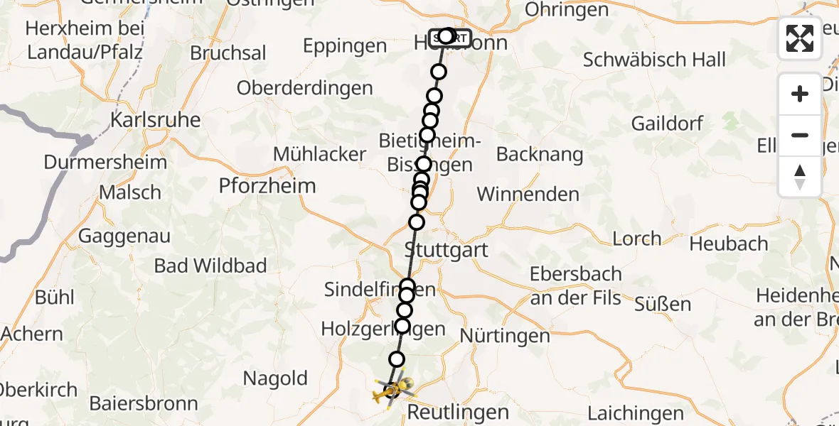 Flugroute Rettungshubschrauber Heilbronn Hospital - Tübingen University Hospital, 05 Mai 2026, 07:27