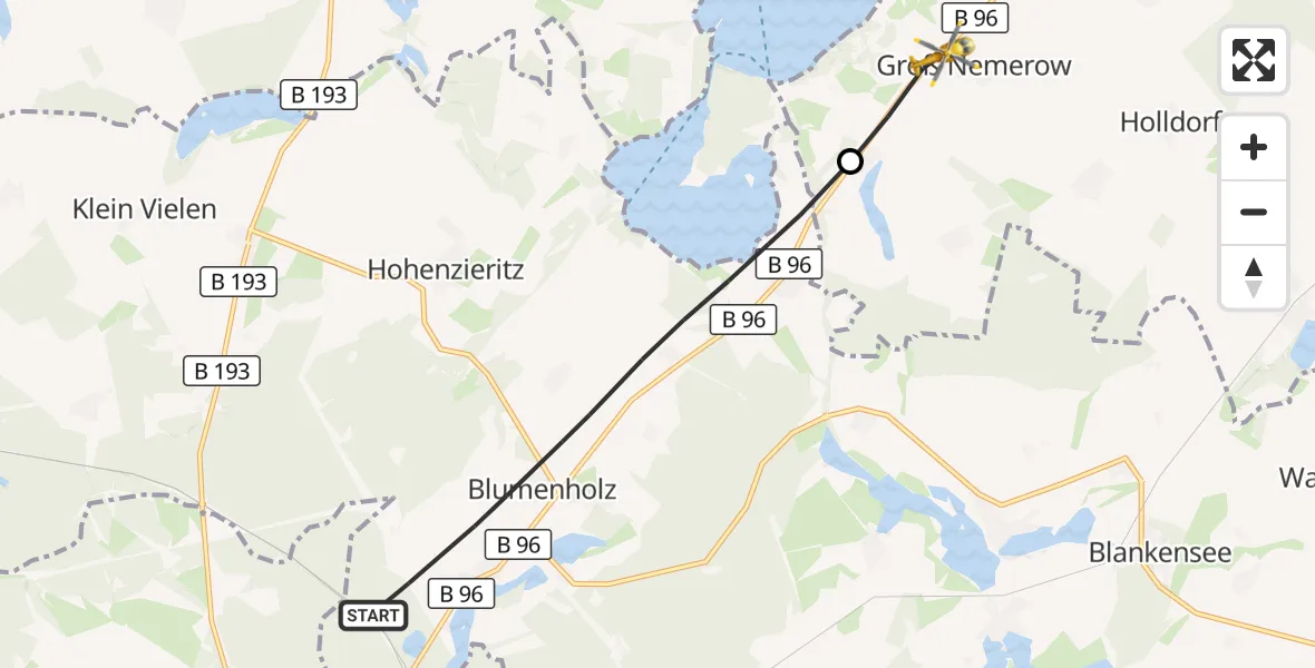 Flugroute Rettungshubschrauber Blumenholz - Groß Nemerow, 05 Mai 2026, 07:29