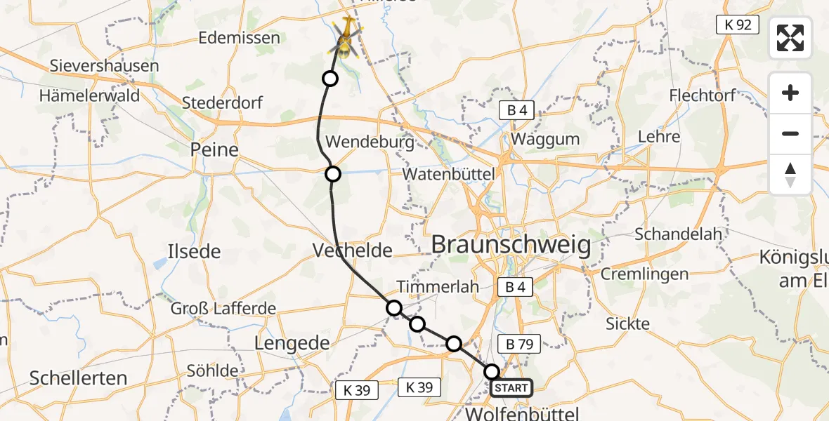 Flugroute Rettungshubschrauber Wolfenbüttel - Edemissen, 05 Mai 2026, 07:30