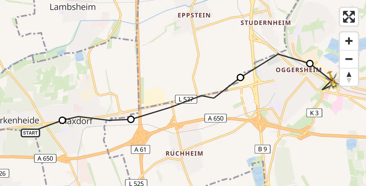 Flugroute Rettungshubschrauber Birkenheide - Ludwigshafen am Rhein, 05 Mai 2026, 07:40