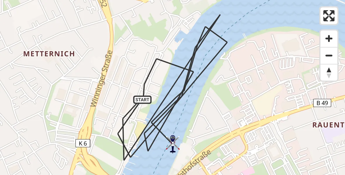 Flugroute Polizeihubschrauber Koblenz - Katholisches Klinikum Marienhof Koblenz Hubschrauberlandeplatz, 05 Mai 2026, 07:40