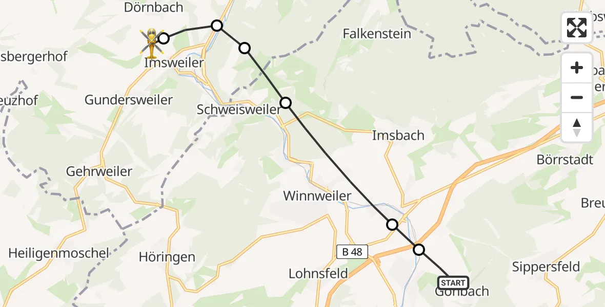 Flugroute Rettungshubschrauber Gonbach - Imsweiler UL, 05 Mai 2026, 07:40