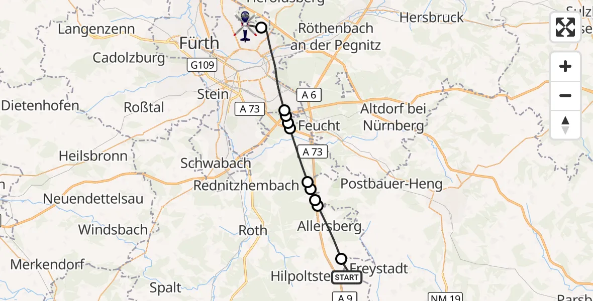 Flugroute Polizeihubschrauber Hilpoltstein - Flughafen Nuremberg, 05 Mai 2026, 07:49