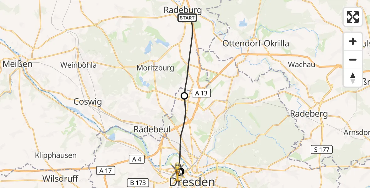 Flugroute Rettungshubschrauber Radeburg - Dresden Friedrichstadt Hospital, 05 Mai 2026, 07:50