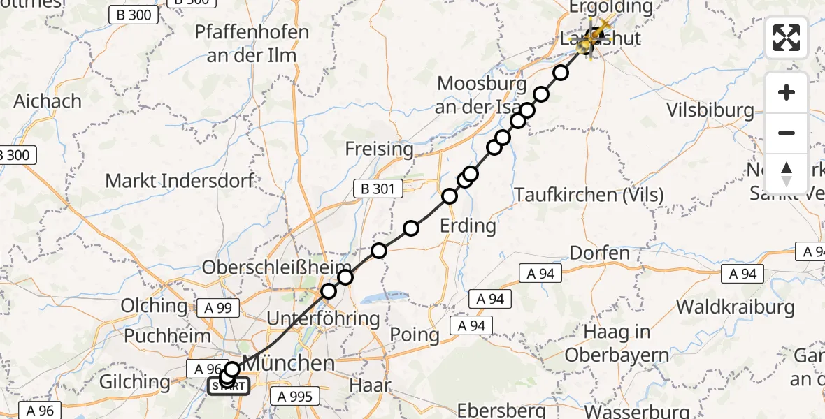 Flugroute Rettungshubschrauber DRF Air Rescue München Hubschrauberlandeplatz - Landshut Hospital, 05 Mai 2026, 07:54