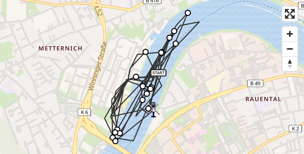 Flugroute Polizeihubschrauber Koblenz - Katholisches Klinikum Marienhof Koblenz Hubschrauberlandeplatz, 05 Mai 2026, 08:00
