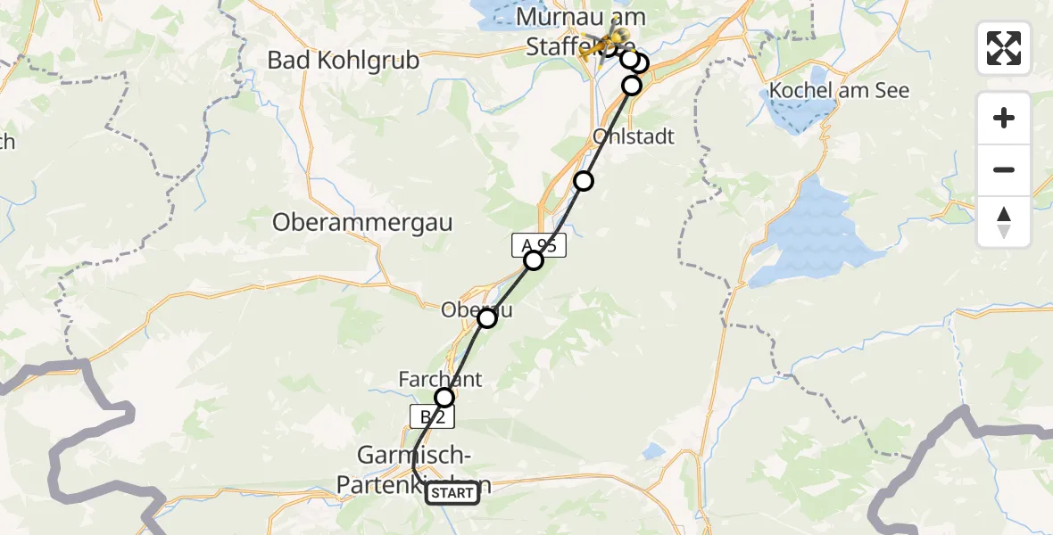 Flugroute Rettungshubschrauber Garmisch-Partenkirchen - Murnau Accident Hospital, 05 Mai 2026, 08:02