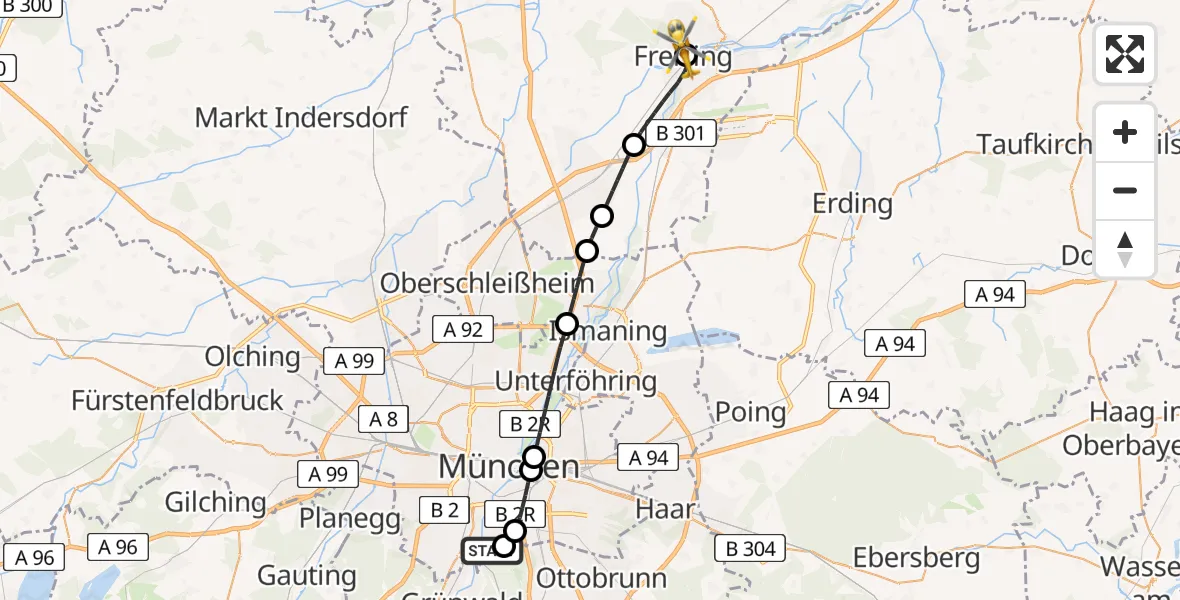 Flugroute Rettungshubschrauber ADAC Air Rescue Center Hubschrauberlandeplatz (Christoph 1) - Freising Clinic Hubschrauberlandeplatz, 05 Mai 2026, 08:06