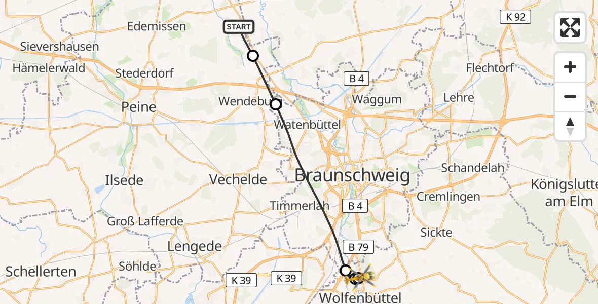 Flugroute Rettungshubschrauber Edemissen - Wolfenbüttel Municipal Hospital Heliport (Christoph 30), 05 Mai 2026, 08:13