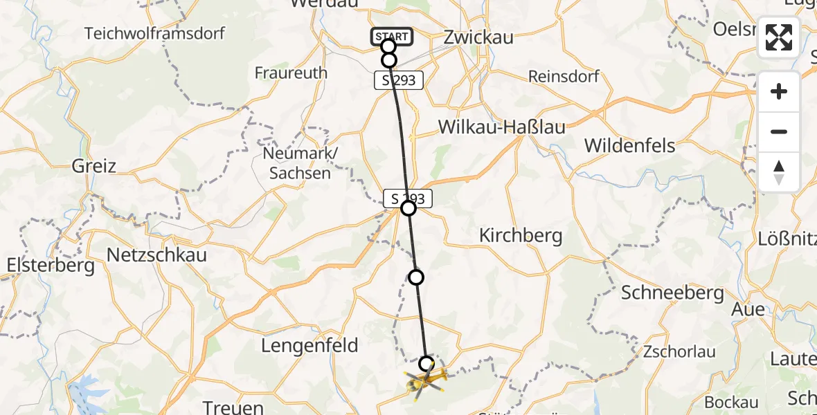 Flugroute Rettungshubschrauber ADAC Air Rescue Station Zwickau Hubschrauberlandeplatz - Steinberg, 05 Mai 2026, 08:17